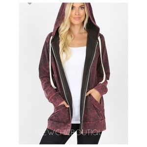 MINERAL Wash Zipper Hoodie Jacket Burgundy